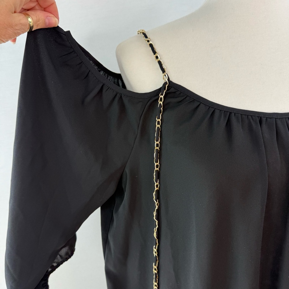 INC Black Off Shoulder Blouse with Gold Metallic Chain Embellishment - Picture 8 of 13